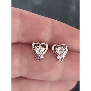 925 Sterling Silver White Topaz & CZ Heart Stud Earrings Vintage